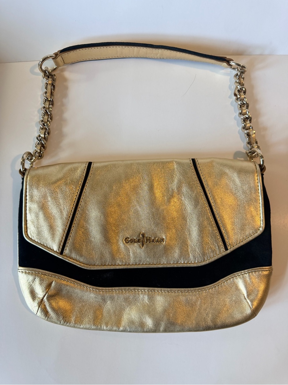 Cole Haan Black and Gold Suede Leather Handbag